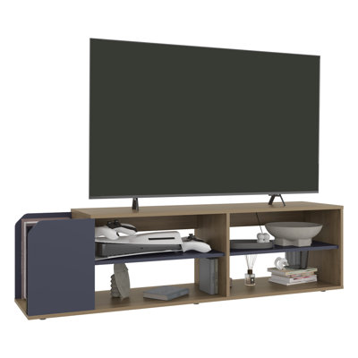 Élégante console multimédia avec tablettes de rangement ouvertes, finition bleu marine, pour un décor contemporain, meuble télé haut de 16,22 po, tablettes de rangement et poids de 47,84 lb en noyer