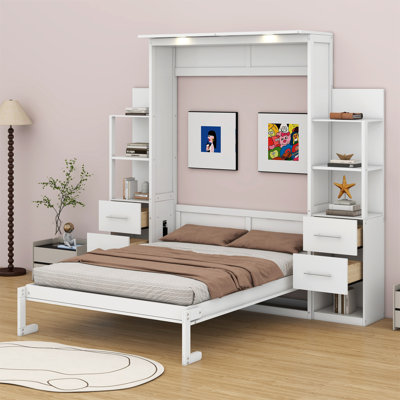 Murphy Bed Wall Bed With Shelves, Drawers And LED Lights