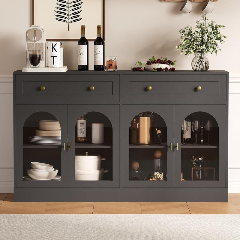 55" Black Fluted Buffet Cabinet with 4 Acrylic Doors & Drawers, Modern Sideboard for Dining Room, Living Room, Black