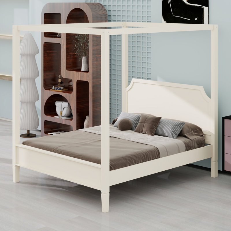 Lit plateforme à baldaquin avec tête de lit et pieds de support, Blanc crémeux