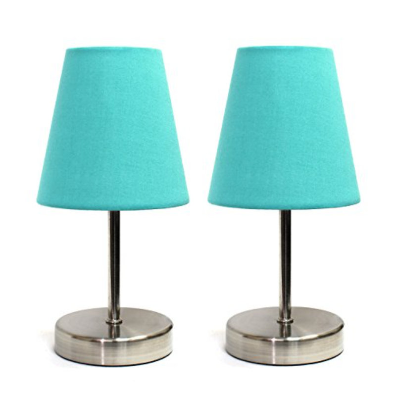 Amandev Simple Designs Sand Nickel Mini Basic Table Lamp with Tapered Fabric Shade, Blue