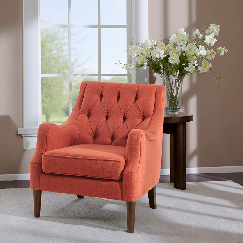 Siège transitionnel à boutons, coussin amovible, chaise de salon au fini bois foncé, accoudoirs ronds, pieds solides, coussin en mousse
