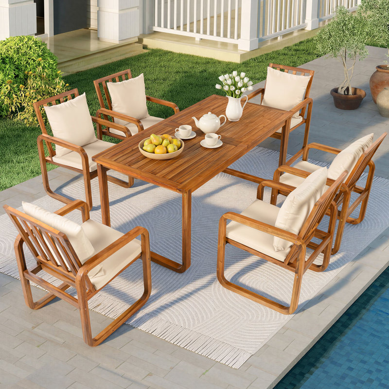 Ensemble repas pour 6 personnes en bois d'acacia avec table rectangulaire et coussins inclus, Brun
