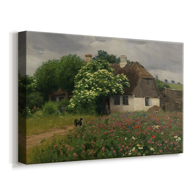 Maison de campagne idyllique avec sureau en fleurs - Hans Andersen Brendekilde - Toile tendue avec châssis-c. Fin du 19e siècle / début du 20e siècle