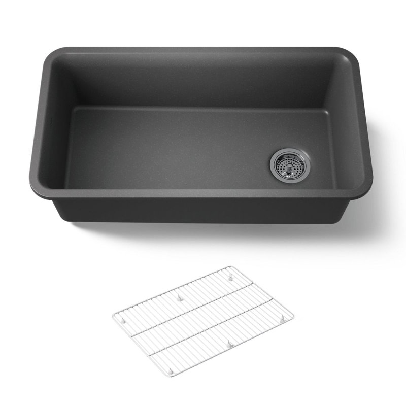 Cairn 33-1/2" x 18-5/16" x 9-1/2" Under-Mount Single-Bowl Kitchen Sink with Basin Rack, Matte Graphite