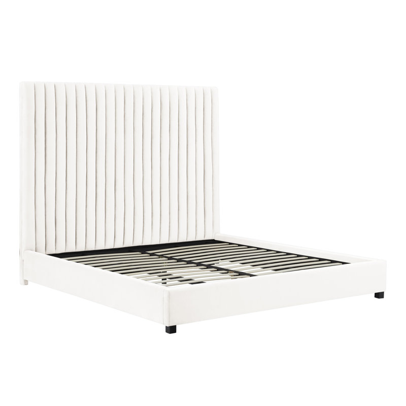 Solid Wood and Upholstered Low Profile Platform Bed, King, Off White