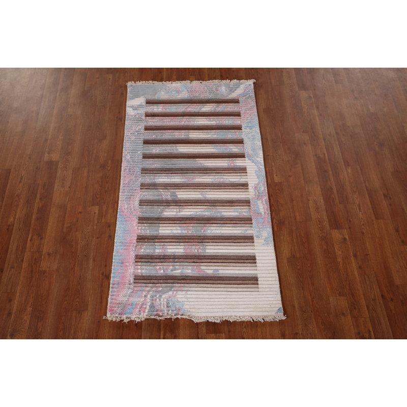 Tapis oriental abstrait rayé à la main 3 x 5