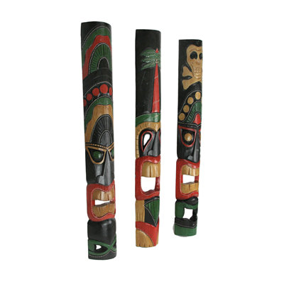 Tropical set of 3 hand-carved Polynesian tiki Albesia wood wall masks, multicolor wall art — 39.5" H x 5.5" W x 4" D