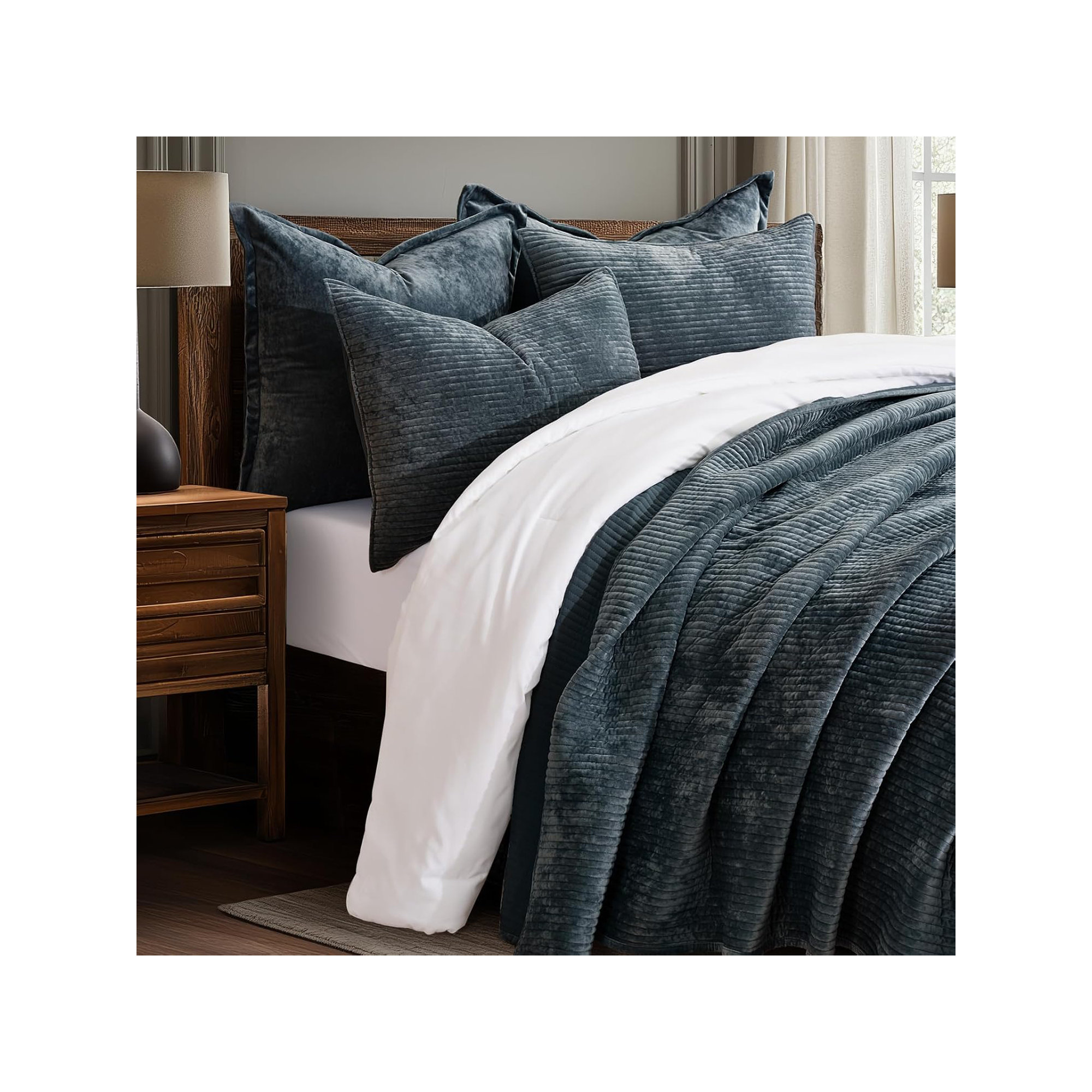 Striped Channel Velvet Quilt Set, Midnight Blue, Queen
