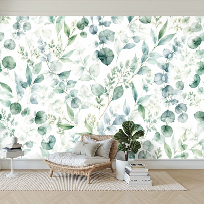 Papier peint adhésif autocollant aquarelle feuilles d'eucalyptus botaniques papier autocollant amovible pour décoration murale H 100 po x l 144 po