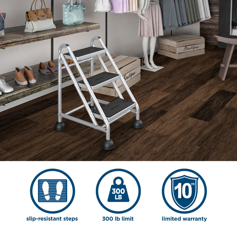 Cosco Platinum & Black 3-Step Rolling Step Stool with Secure Tread