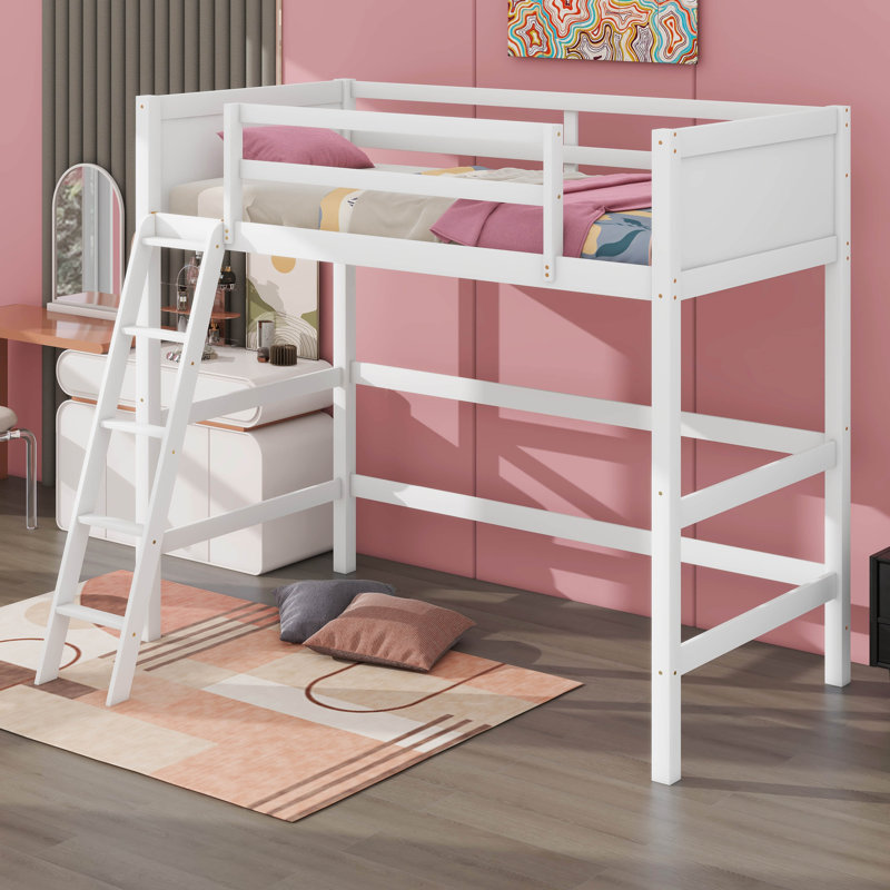 Lit mezzanine simple en bois massif avec échelle, Blanc