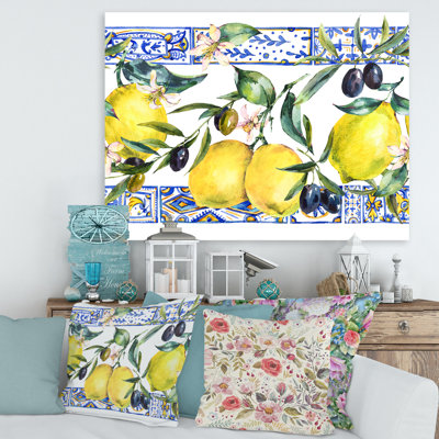 " Lemon Ornament On Blue Geometrical Pattern II "