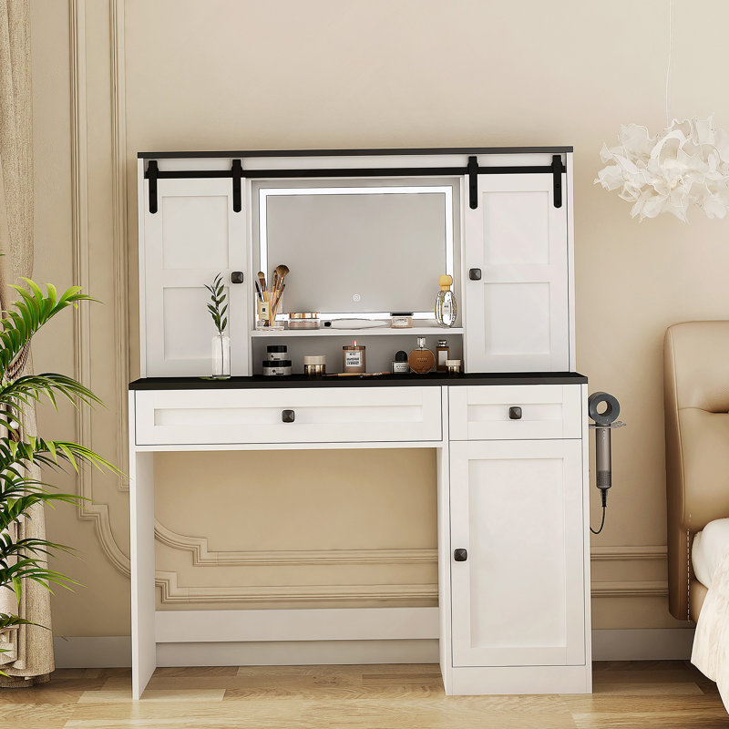Coiffeuse Farmhouse avec miroir lumineux et tiroir de maquillage