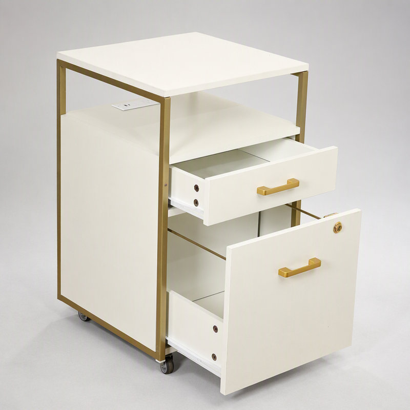 Classeur moderne à 2 tiroirs avec tiroir verrouillable, 2 ports de chargement USB, prise de courant et roulettes verrouillables, blanc et or