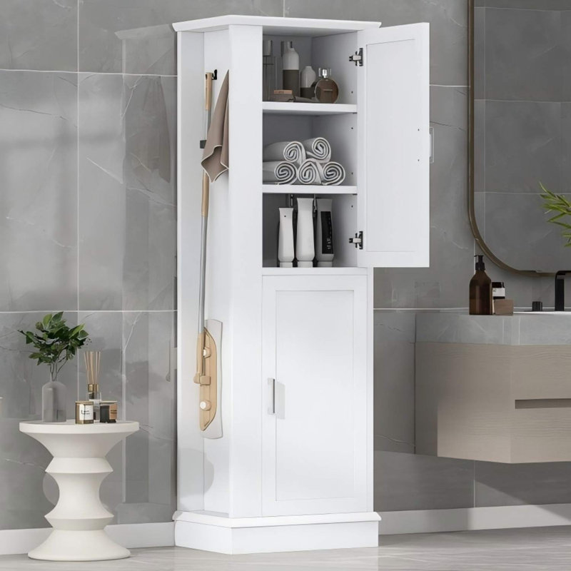 Grande armoire de salle de bain autoportante blanche en MDF avec crochet et tablette réglable
