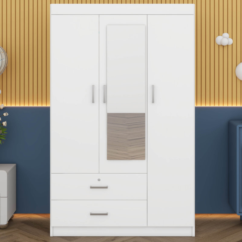 Garde-robe à 3 portes avec tiroirs et tablettes verrouillables, armoire à vêtements avec tringle, White