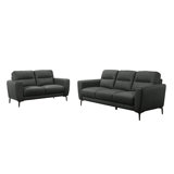 Comfortable 2pc In Anthracite Gray Leather: Contemporary With Horizontal Seats And Back Cushions Full Leather Tufting Legs For Living Area