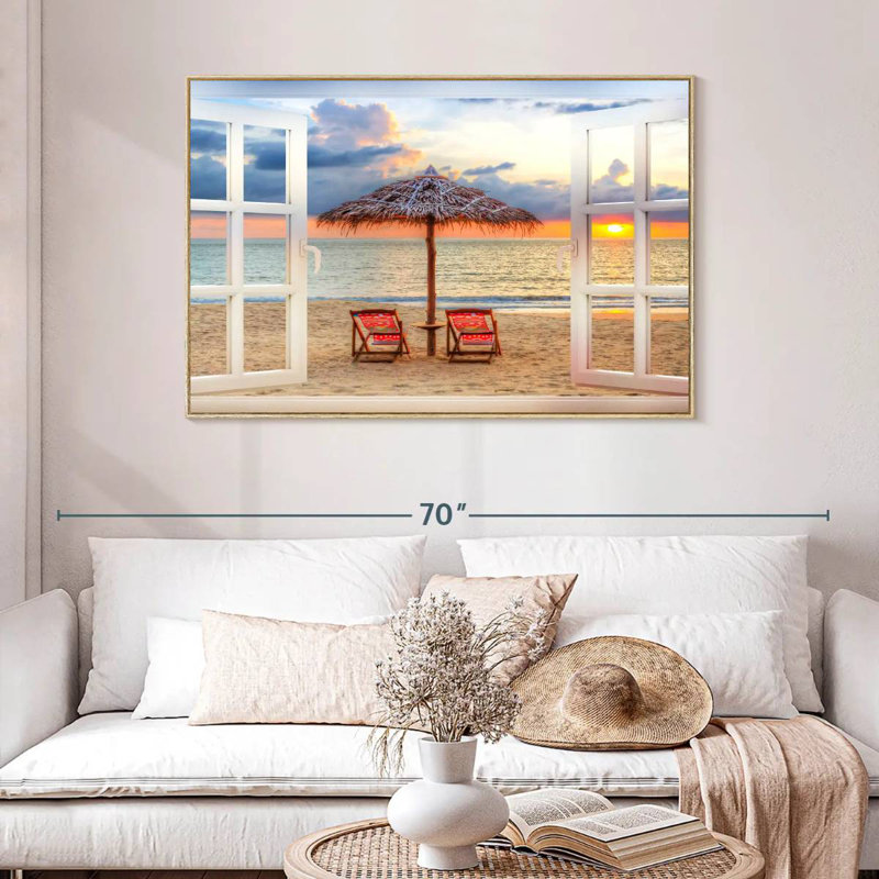 Fenêtre sur l'été Faustine, Cadre flottant en bois naturel, 46 po x 31 po