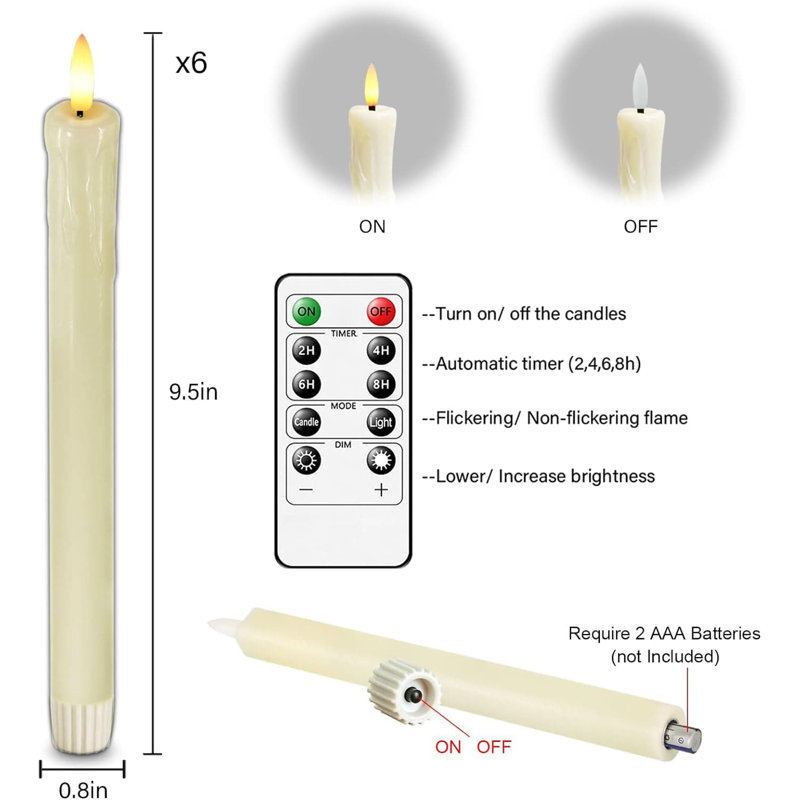 6 Pack Ivory Flameless Taper Candles, 9.5 - inch, Battery: Operated, with Remote Control, Ivory