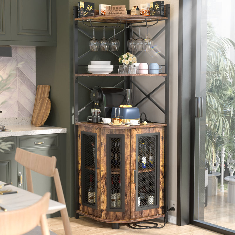 Xachary 64.2 ”Height, 25.6''Width Conner Bar Cabinet with Wine Storage and Led Strip, Rustic Brown/Black