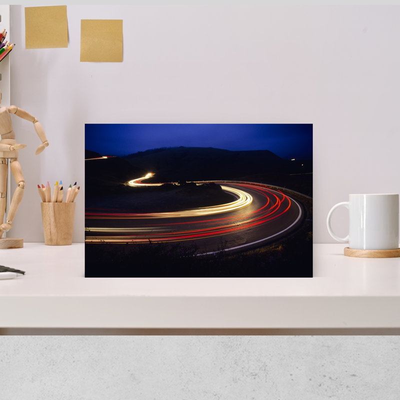 Light Trails On Winding Road At Night, California, Usa Contemporary Architecture Landscape Wall Art, H 12 po x l 18 po