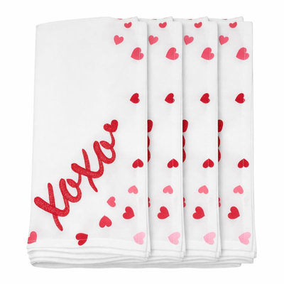 Embroidered Xoxo Romantic Heart Valentine’s Day Cloth Napkins 20” X 20”, Set Of 4