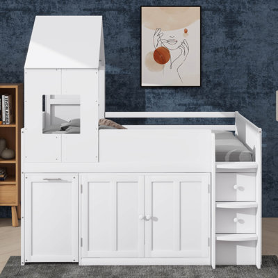Lit mezzanine simple pour enfants et adolescents, livré avec bureau et armoire, maison en bois avec toit, tiroirs et rangement