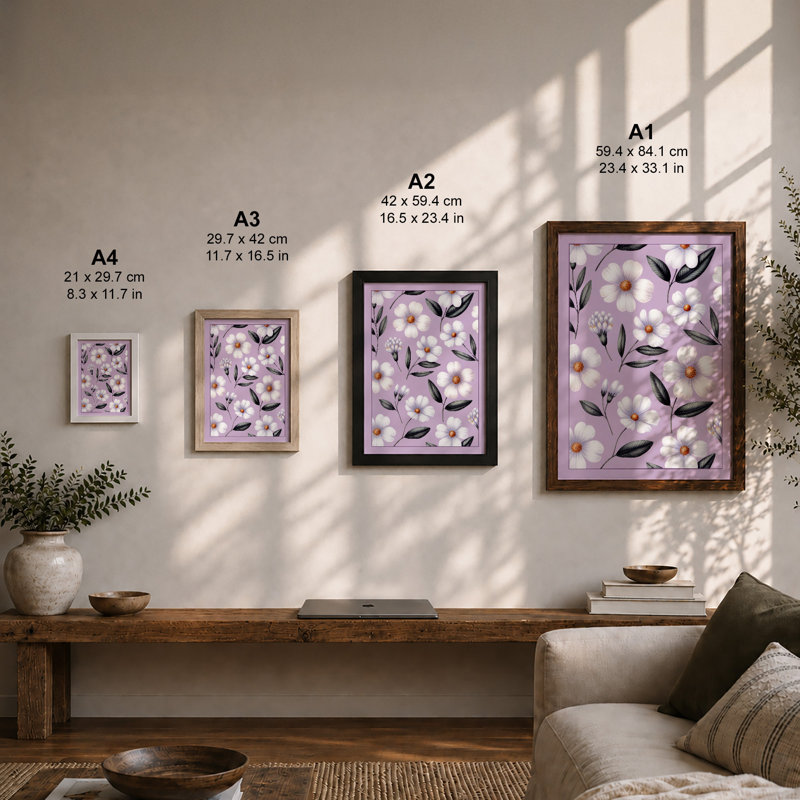Lavender Daisy Pattern Botanical - Print, A2 - 59.4 x 42.0 cm, Oak