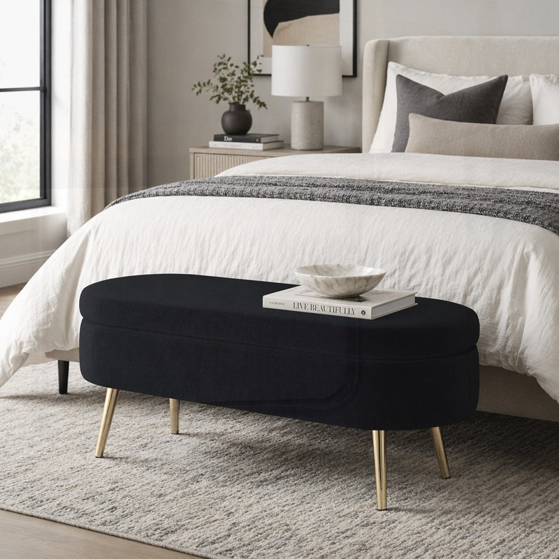 Banc de rangement repose-pieds ovale en flanelle avec pieds en métal robustes pour un décor moderne et élégant, Black