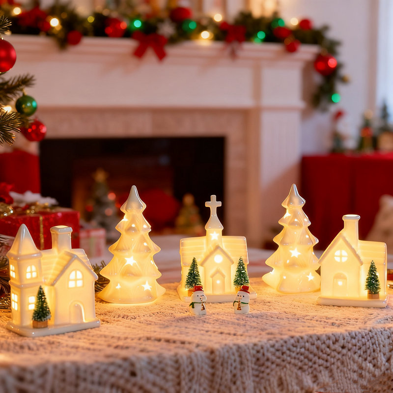 Ceramic Christmas Village Set - 11 Piece Lighted Tabletop Decor With LED Houses & Trees, Winter Scene Farmhouse Display For Holiday Home Decorations
