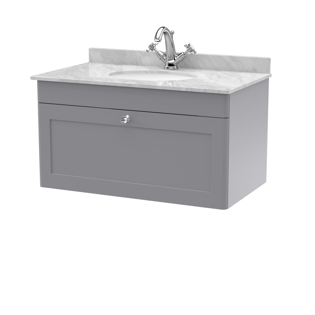 Nuie 800mm Wall Hung 1 Drawer Vanity & Marble Top 1TH - Satin Grey - Image 2