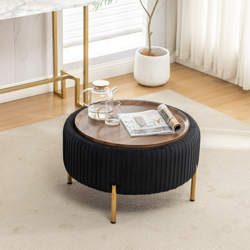 Miajah Upholstered Round Storage Ottoman, Black