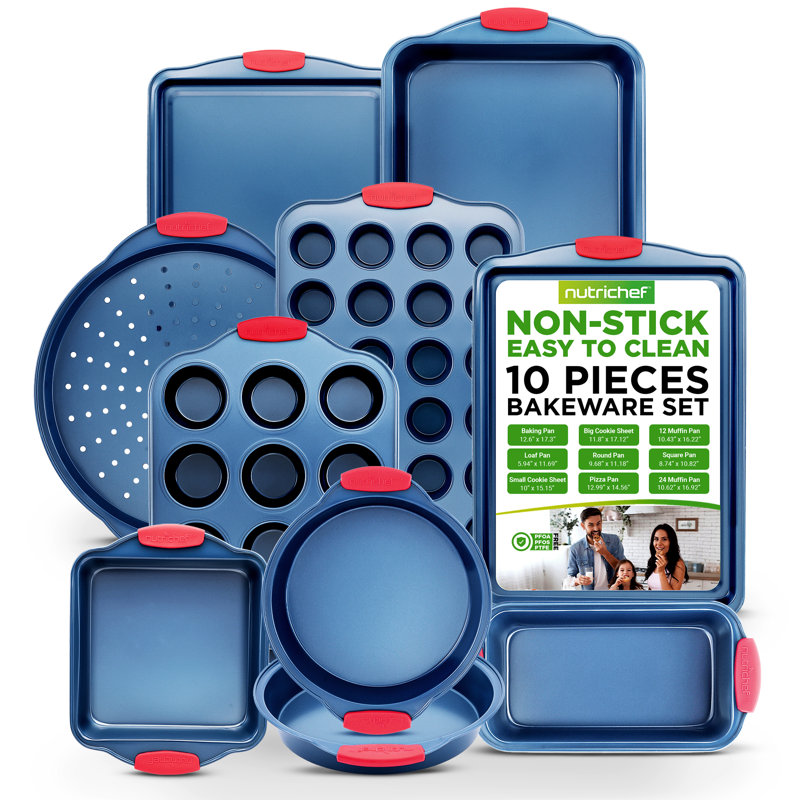 NutriChef 10-Piece Blue Carbon Steel Bakeware Set with Red Silicone Handles