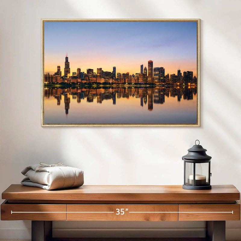 Chicago, reflet de l'horizon, 25 po x 17 po, Cadre flottant en bois naturel
