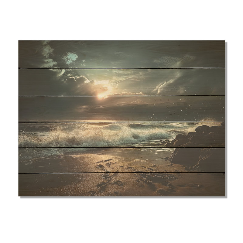 Paysage de plage rocheuse I - art en bois océanique sur bois de pin naturel, H 24 po x l 32 po