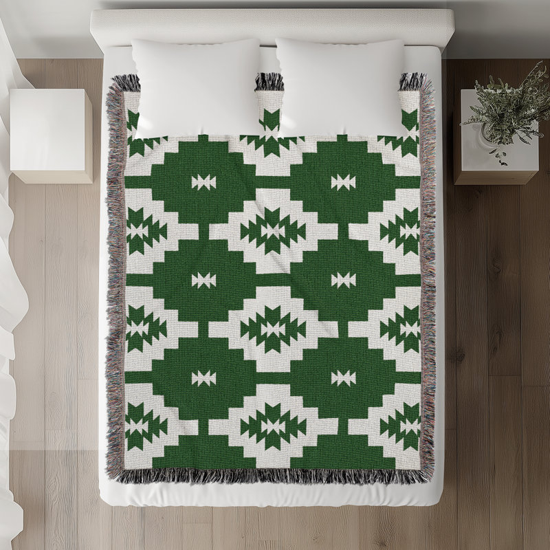 Hinto South Western Cotton Blend Blanket Throw, Green/Off-White, 60" L x 50" W