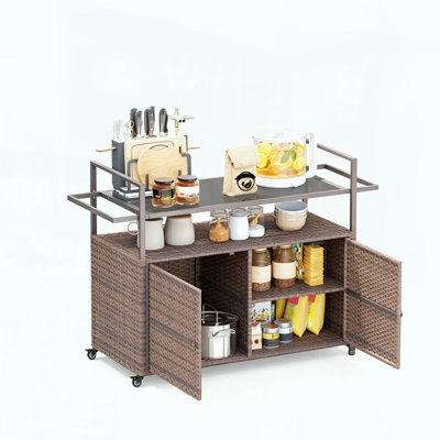 Rattan Serving Cart with Towel Bar Handles