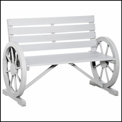 Banc de roue de chariot en bois rustique, mobilier d'extérieur résistant aux intempéries avec siège à lattes et dossier pour deux