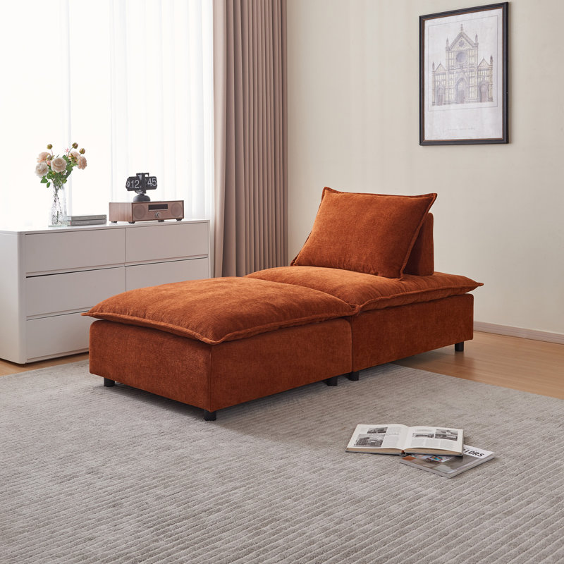 Fauteuil d'appoint sans accoudoirs avec repose-pieds, Chenille orange