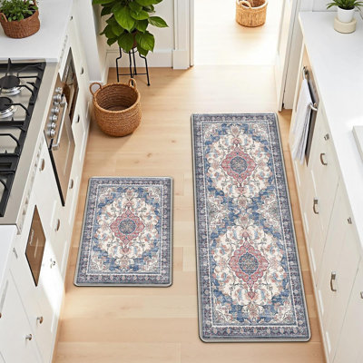 Kitchen Mats For Floor 2 Piece Set - Retro Blue - Cushioned PVC / Anti-Fatigue, Non-Slip, Waterproof, Farmhouse Style Comfort Standing Mat For Sink, Laundry