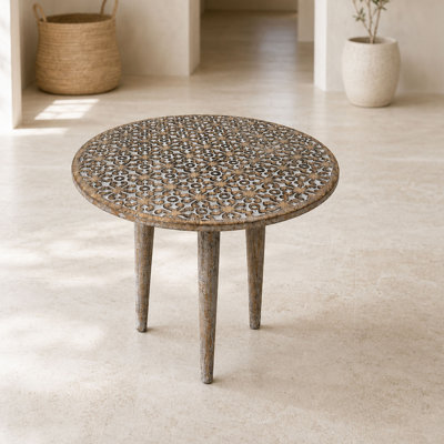 Handcrafted Mango Wood Round Accent Table with Carved Floral Top