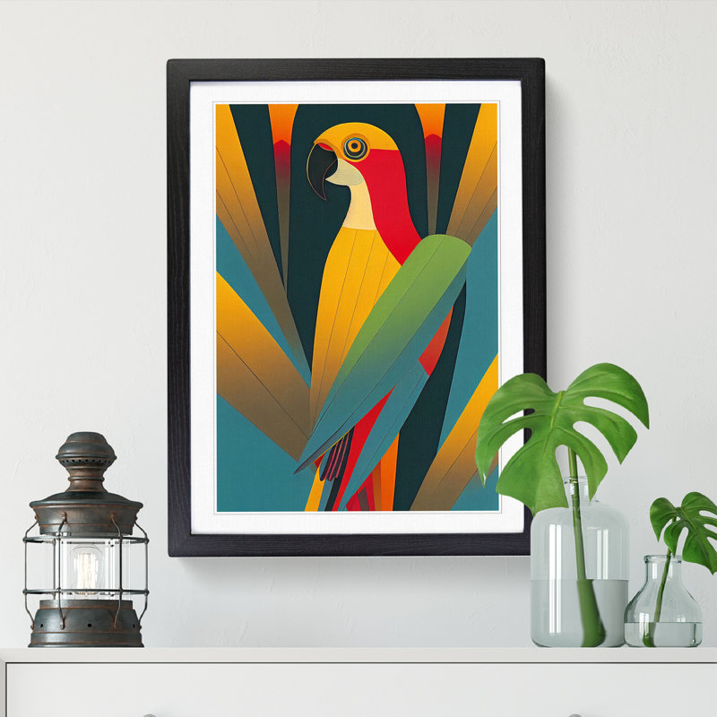 CAN-V0523-1747X Parrot Art Deco - Wrapped Canvas Print, 34cm H x 25cm W x 2cm D, Walnut