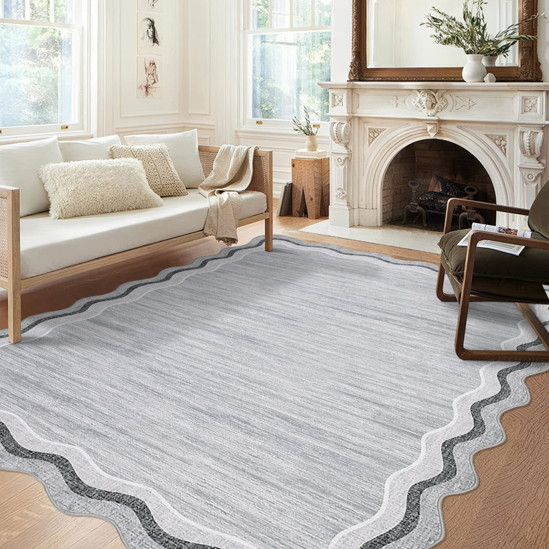 Bordered Design Machine Washable Rug with Rubber Backing for Living Room Modern Non-Slip Dining Room Rug Easy-Cleaning Floor Carpet for Bedroom