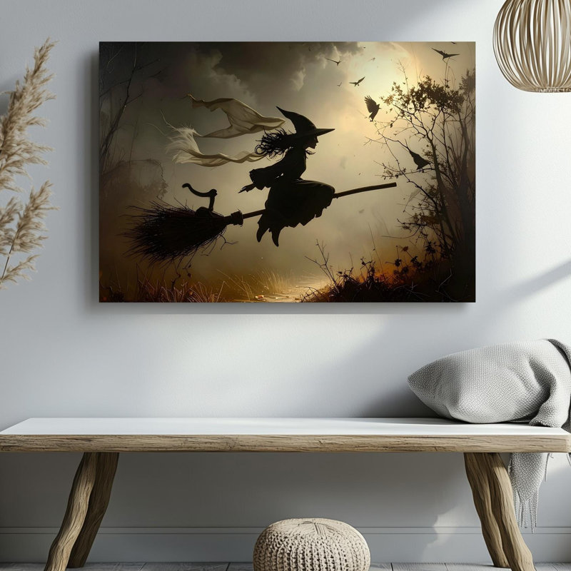 Toile, silhouette de sorcière volante, ciel d'Halloween foncé avec chat, chauves-souris et corneilles, art mural prêt à accrocher
