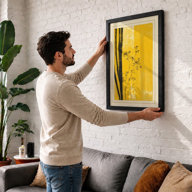 Delicate Stems in Gold Japandi - Framed Print, A1 - 84.1 x 59.4 cm, Black
