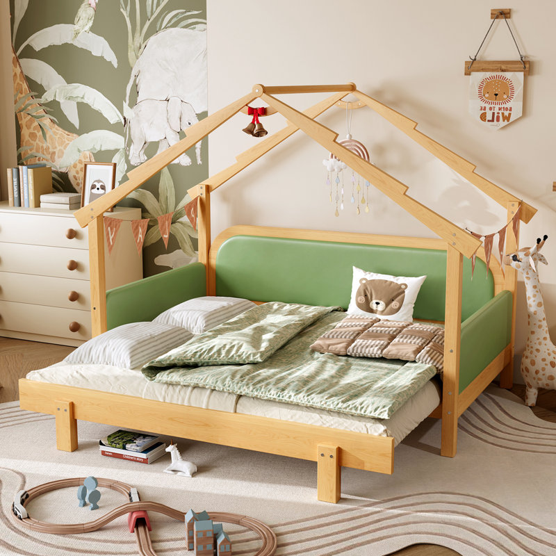 Lit simple en bois avec rails de coussin moelleux, Naturel + vert