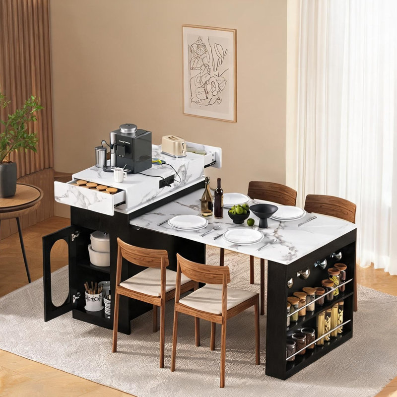 Table de salle à manger extensible avec plateau pliable, marbre noir de jais et blanc, 18,7 à 57,7 L, 3 sièges, îlot de cuisine avec rangement