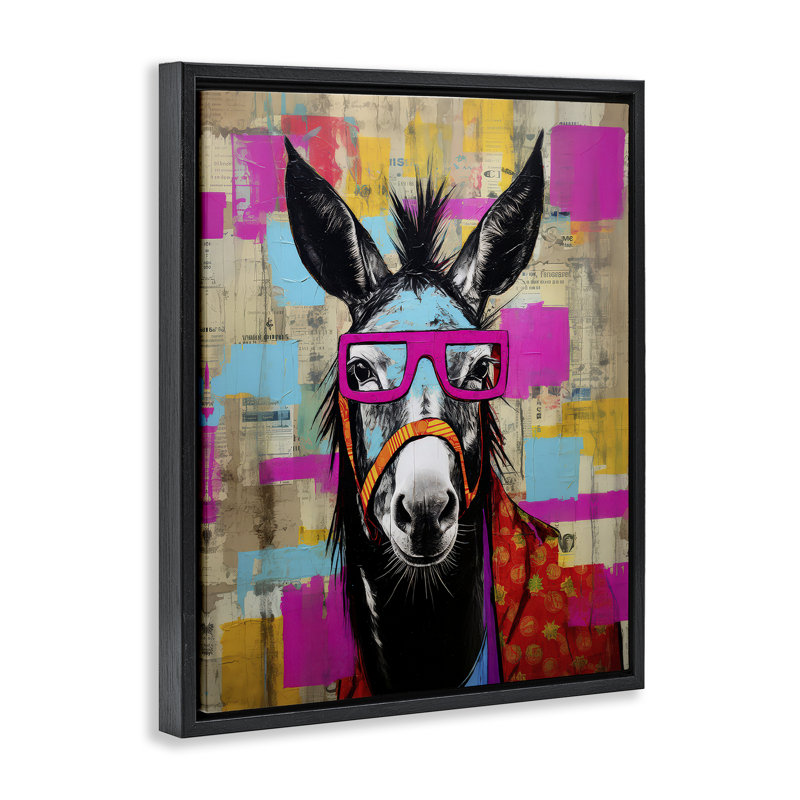 «Quirky Spectacle Donkey», art mural encadré flottant par LSR Design Studio, H 31 po x l 25 po, Cadre flottant noir de jais