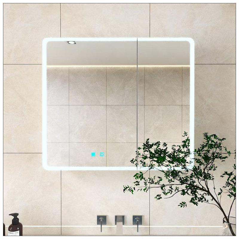 Armoire à pharmacie DEL pour la salle de bain avec lumière blanche une couleur, anti-buée, armoire en plastique-aluminium facile à installer. (31,5 x 35,43 à deux portes)